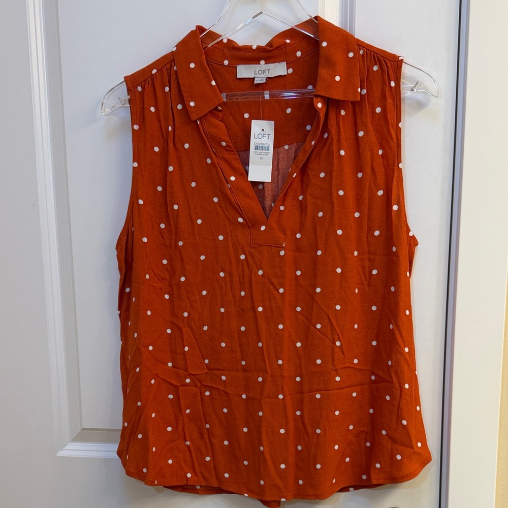 LOFT Sleeveless Top in Orange with White Polka Dots Size Medium